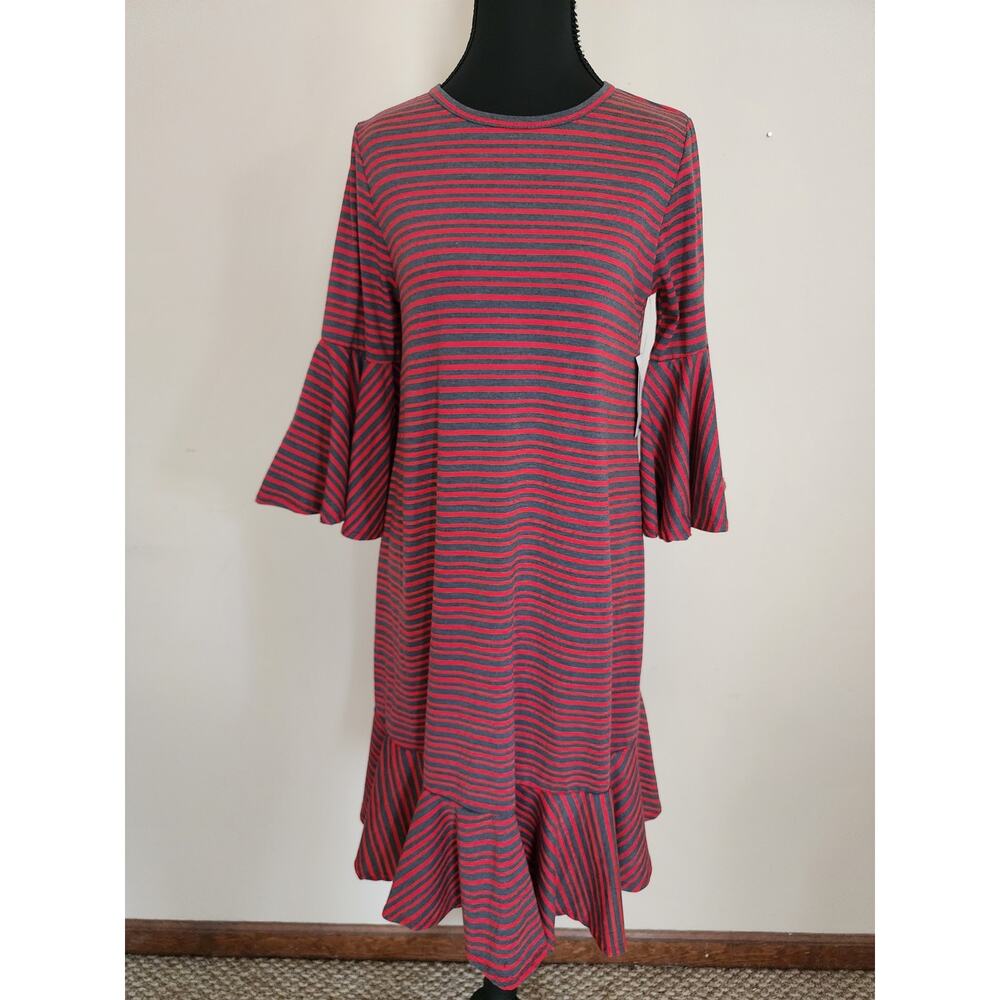 LuLaRoe NWT Maurine Dress Women's Small Red Gray Striped Bell‎ Sleeve